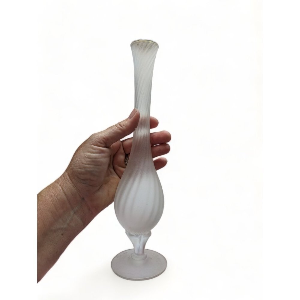 Vintage Satin Glass Pedestal Rib Swirl Bud Vase 10 3/4" Tall